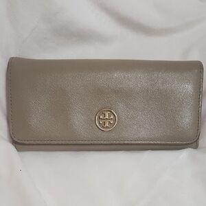 Tory Burch Taupe Leather Wallet with Gold Logo